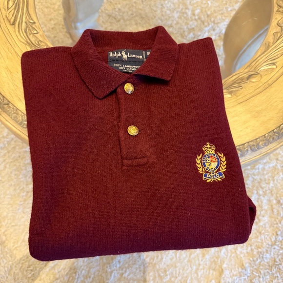 VTG Polo Ralph Lauren Wine Collared Crest Two Button Lambswool Sweater Men’s S - Picture 1 of 11